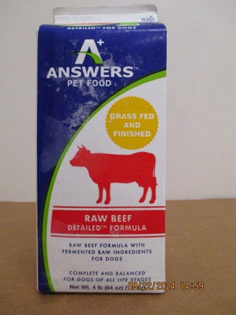 Answers Pet Food Raw Beef Detailed Formula for Dogs; UPC/bar code number: 856554002102; BUBD: May 06 2026