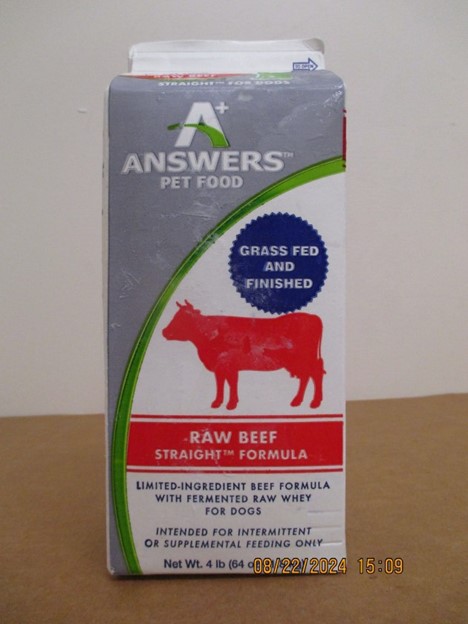 Answers Pet Food Raw Beef Straight Formula for Dogs; UPC/bar code number: 856554002072; BUBD: Jan 31 2026