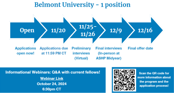 Timeline for the Belmont University Fellowship Program. Applications are open now. Key dates: Applications due November 20 at 11:59 pm CT, virtual preliminary interviews between November 25 and November 26, in-person final interviews on December 9 at ASHP Midyear, and final offer date is December 16. One position available. Below the timeline, there is an announcement about an informational webinar Q&A with current fellows on October 24, 2024, at 6:30 pm CT, with a link provided.