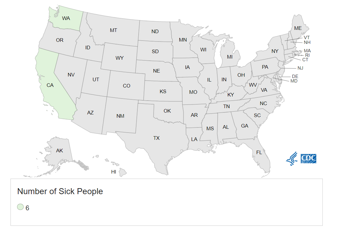 Outbreak Investigation of E. coli O157H7 Bulk Organic Walnuts - CDC Case Count Map