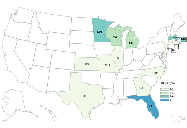 Case Count Map as of June 17, 2024 - Outbreak Investigation of Salmonella Related to Organic Basil (April 2024)