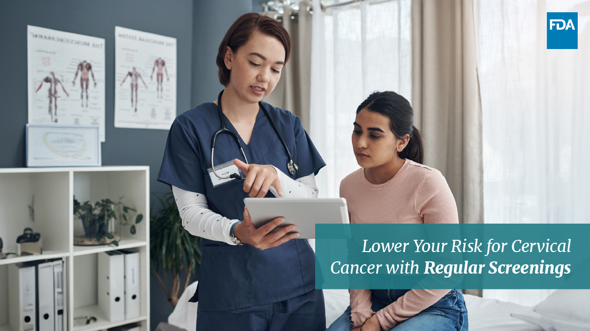 Patient talking with HCP. Text overlay: Lower your risk for cervical cancer with regular screenings.