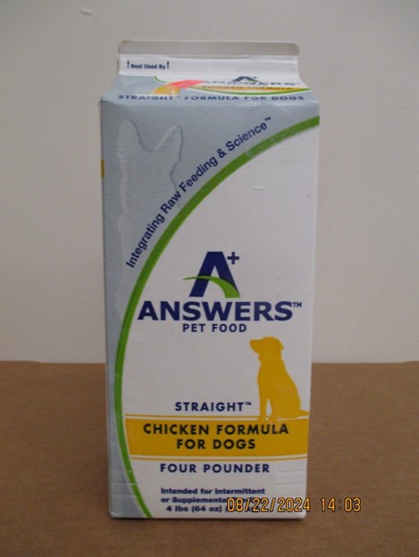 Answers Pet Food Straight Chicken Formula for Dogs; UPC/bar code number: 856554002065; BUBD: Jan 02 2026