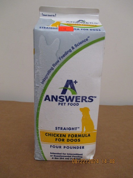 Answers Pet Food Straight Chicken Formula for Dogs; UPC/bar code number: 856554002065; BUBD: Mar 11 2026