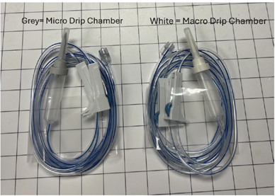 Medline Fluid Delivery Set showing Grey=Micro Drip Chamber (left) and White = Macro Drip Chamber (right)