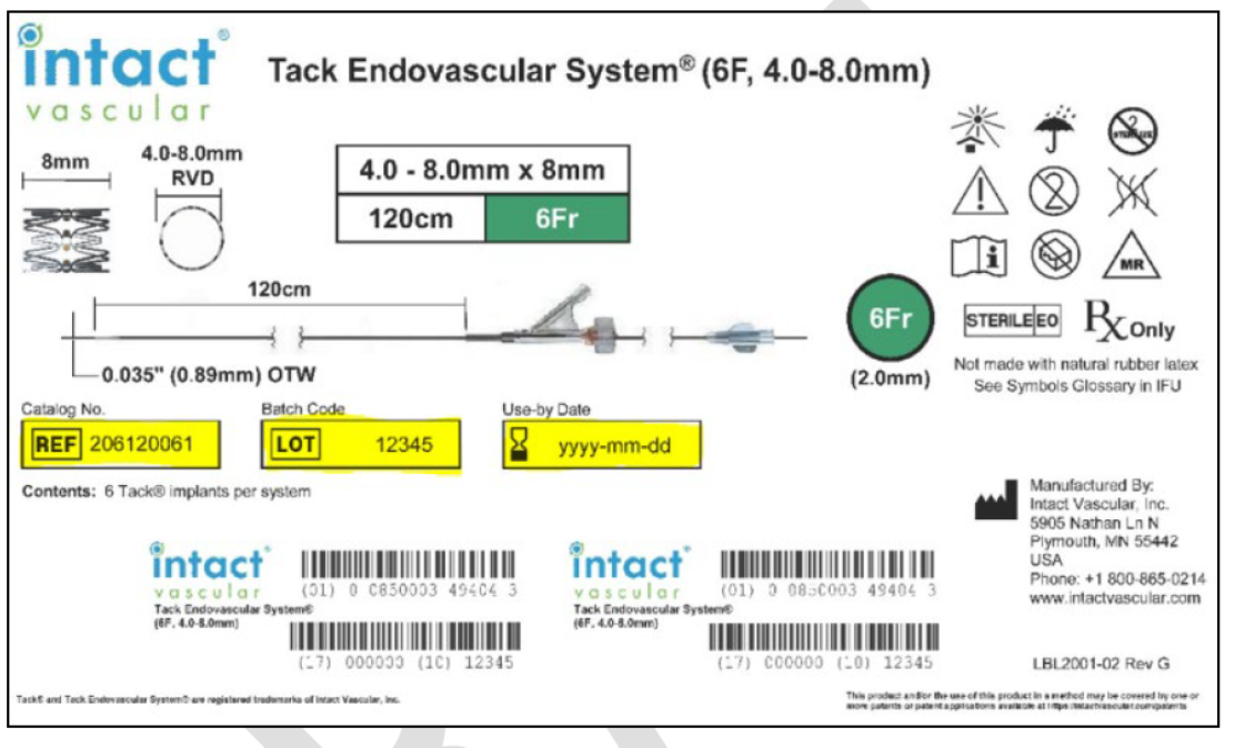 Example Tack Endovascular System label to identify various size (4F) and/or (6F) products.