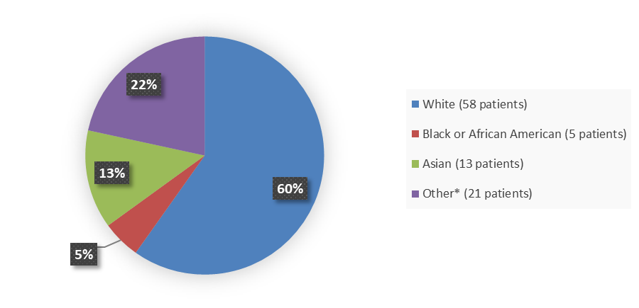 Pie chart summarizing how many White, Black or African American, Asian, and other patients were in the clinical trial. In total, 58 (60%) White patients, 5 (5%) Black or African American patients, 13 (13%) Asian patients, and 21 (22%) other patients participated in the clinical trial.