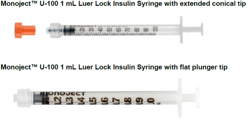 Monoject U-100 with extended conical tip; Monoject U-100 with flat plunger tip