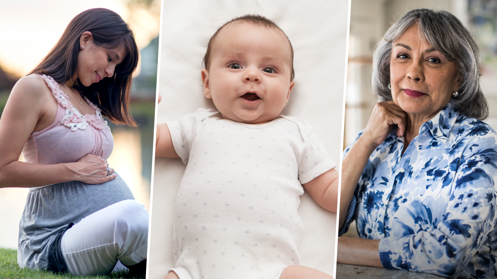 Photos of pregnant woman, baby, and older adult