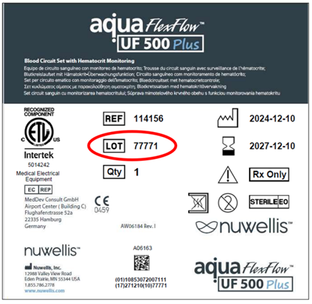 AquaFlexFlow UF 500 Plus extracorporeal blood circuits label with LOT number 7771 circled