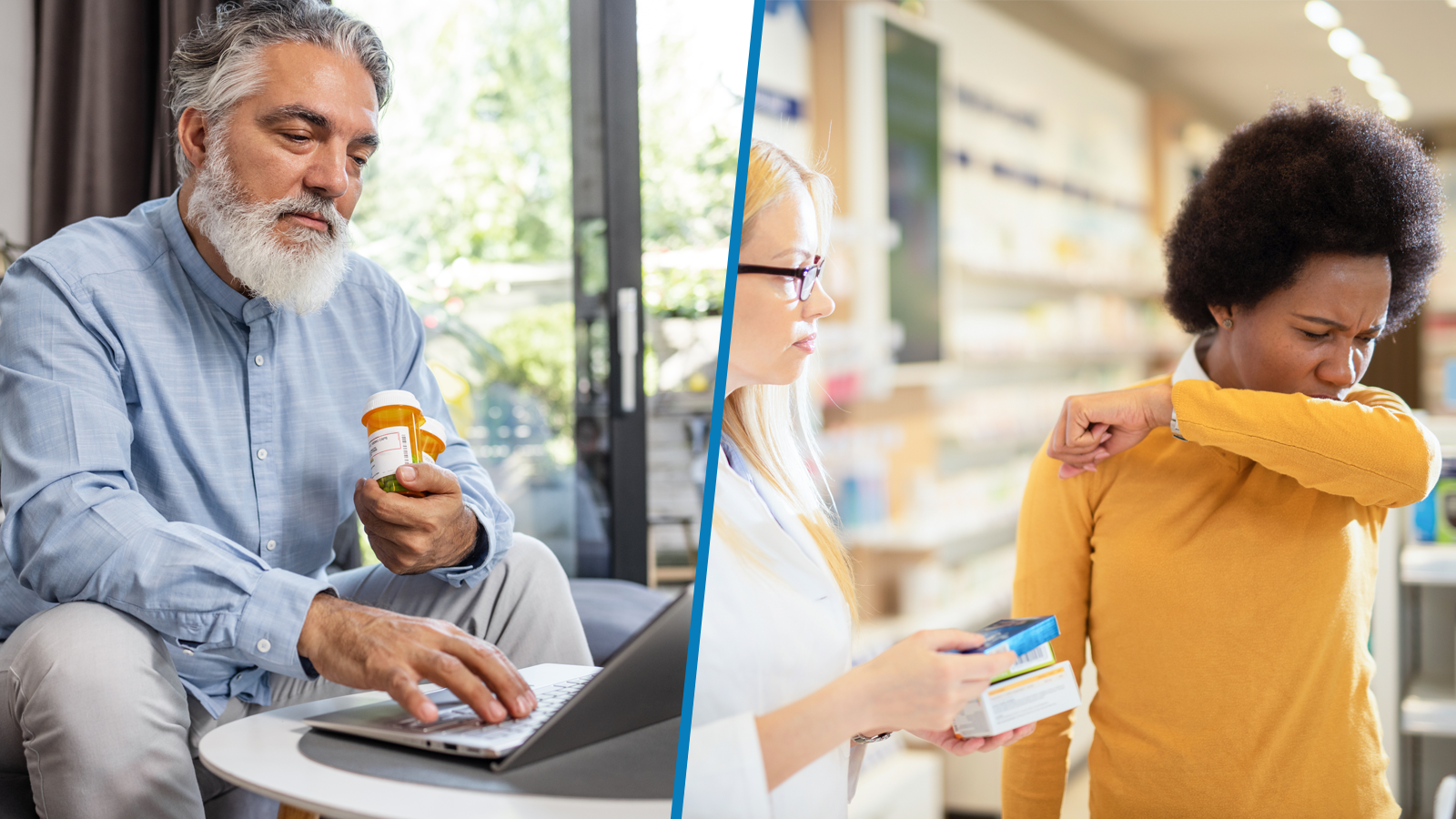 Two image collage that depicts a mature gentleman holding his prescription pill bottles, while viewing his laptop, and a woman sneezing while she's speaking with a pharmacist.