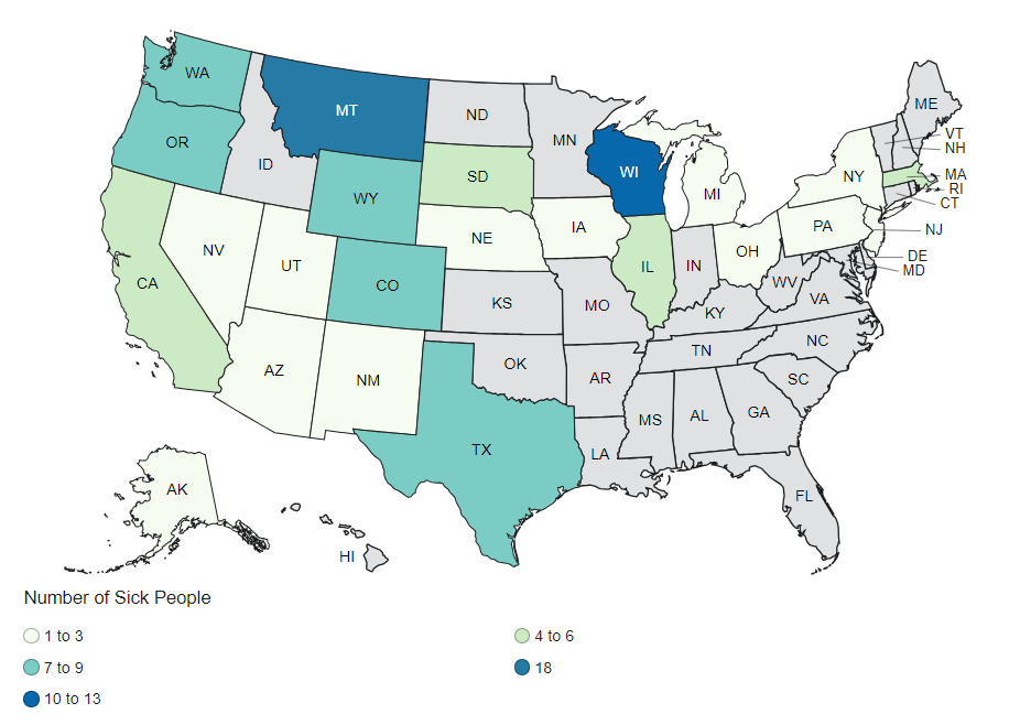 CDC Case Count Map for the Outbreak Investigation of Salmonella Related to Cucumbers (as of January 8, 2025)