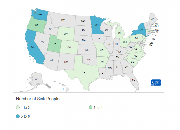 Case Count Map from CDC for the Outbreak Investigation of E. coli O121:H9 Related to Organic Carrots (as of 11/15/2024)