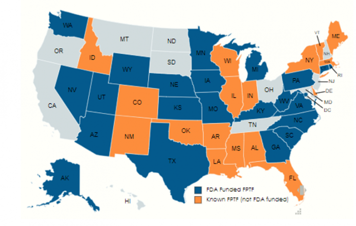 United States Map displaying 22 FDA-funded Food Protection Task Force grant states: AK, AZ, CT, GA, IA, KS, KY, MI, MN, MO, NE, NV, NC, PA, RI, SC, TX, UT, VA, WA, WV, WY. DC FPTF is funded by FDA through PAR-19-306.