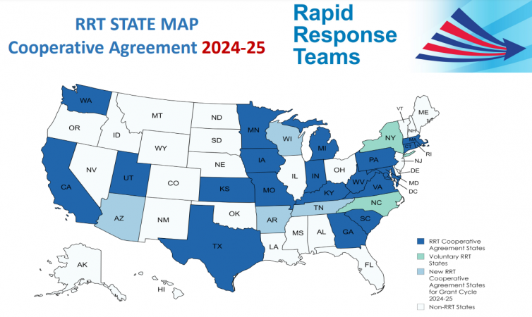 United States Map displaying 23 FDA funded Rapid Response Team cooperative agreement states: AR, AZ, CA, CT, GA, IA, IN, KS, KY, MA, MD, MI, MN, MO, PA, RI, SC, TN, TX, UT, VA, WA, WV.