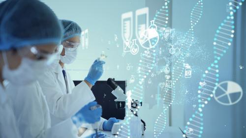 Scientists in a biologic research lab with microscope, test tube and DNA helix.