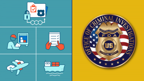 Illustrated graphic with Office of Criminal Investigations seal on right. On left is icons representing cyber security, inspections, data, air and shipping transportation.