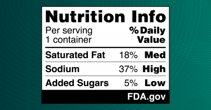 The proposed FOP nutrition label, also referred to as the “Nutrition Info box,” provides information on saturated fat, sodium and added sugars content showing whether the food has “Low,” “Med” or “High” levels of these nutrients.