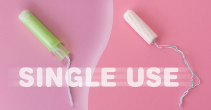 Two tampons, one shown within an applicator on the left and the other without an applicator on the right, followed by the words SINGLE USE