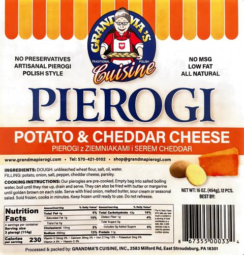 Label - GRANDMA’S Cuisine, PIEROGI, POTATO & CHEDDAR CHEESE, NET WT 16 OZ., Processed and packaged by: GRANDMA’S CUISINE, INC.