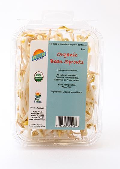 Product image front, Fullei Fresh Organic Bean Sprouts 4 oz. in plastic clamshell