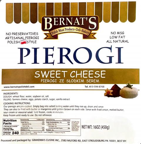 Label - BERNAT’S PIEROGI, SWEET CHEESE, NET WT 16 OZ., Processed and packaged by: GRANDMA’S CUISINE, INC.