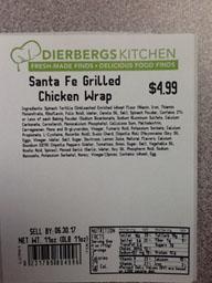 "Photo:  Ingredient and Nutrition Facts Label, DIEBERGS KITCHEN Santa Fe Grilled Chicken Wrap 11 oz."