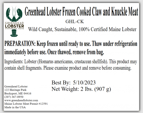 Bag label for Frozen Cooked Claw and Knuckle Meat 2 lbs.