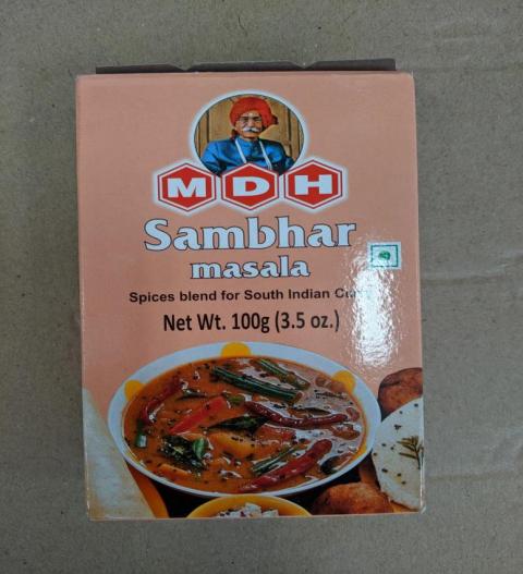 Front Label:  MDH Sambhar Masala, Net Wt. 100g (3.5 oz.)