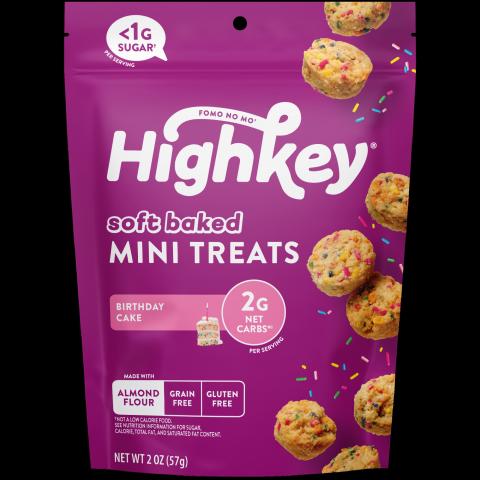 HighKey soft baked Mini Treats, Birthday Cake, Net Wt. 2 oz, front label