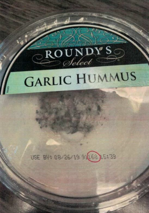 Top of package, Roundys Garlic Hummus, example lot code