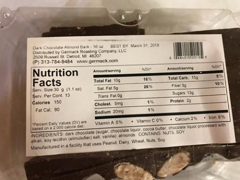 Picture of nutrition panel for Germack Dark Chocolate Almond Bark