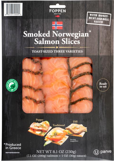 Image of packaging, Foppen smoked salmon slices