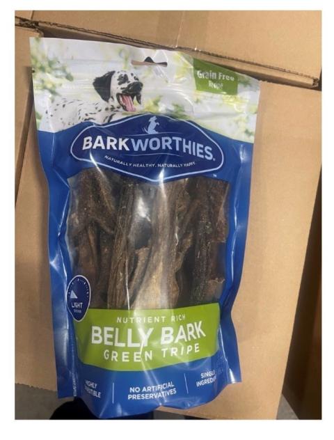 1.	“BARKWORTHIES, BELLY BARK GREEN TRIPE, front label”