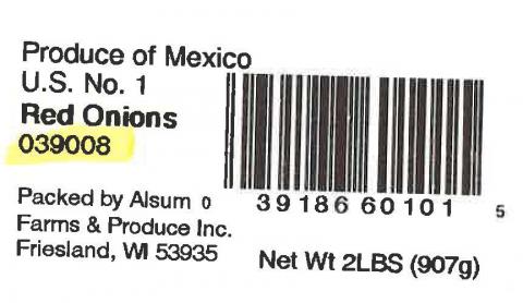 Alsum Farms & Produce Inc. Red Onions label Bar code and Lot code 2 LBS