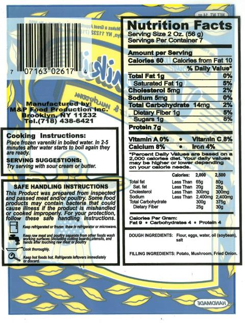 Potato & Mushroom Vareniki, Net Wt. 14 OZ., back label