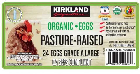 “Label Kirkland Signature Organic Eggs Pasture-Raised 24 Eggs Grade A Large UPC 9661910680”