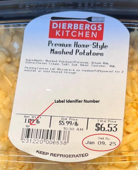 Label for Premium Home-Style Mashed Potatoes Sell By Jan 09, 25