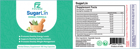 “Product label Fouzee SugarLin Herbal Formula Herbal Dietary Supplement 180 Veg Capsules”