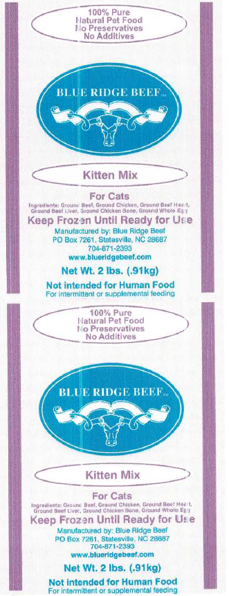 Package Label, Blue Ridge Beef Kitten Mix