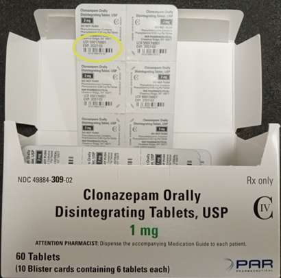 “PAR Pharmaceutical Clonazepam Orally Disintegrating Tablets, USP, 1 mg, 60 Tablets”