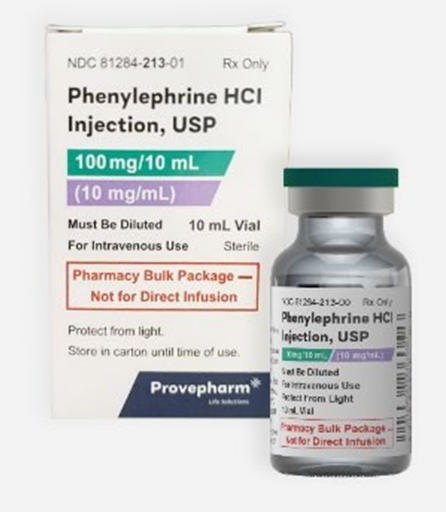 Phenylephrine hydrochloride Injection, USP, 10 mg/ mL single sealed vial; lot number 24020027 and Exp. Date: Dec 2025 (NDC 81284-213-01)