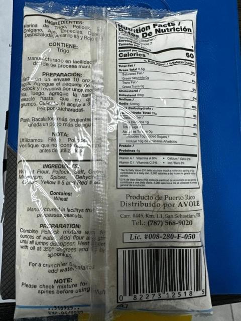 Back of package, Bacalaitos Criollos Codfish Frying Mix