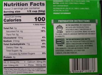 Image 2 – Nutrition Label Taste of Deutschland, Buttered Vegetables, Carrots, Peas, Cauliflower, & Corn