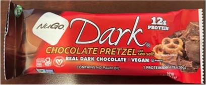 Front label NuGo Dark Chocolate Pretzel with Sea Salt Nutrition Bar