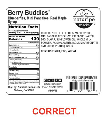 Back of package, Berry Buddies, Berries & Pancakes bento box snack packs correct label