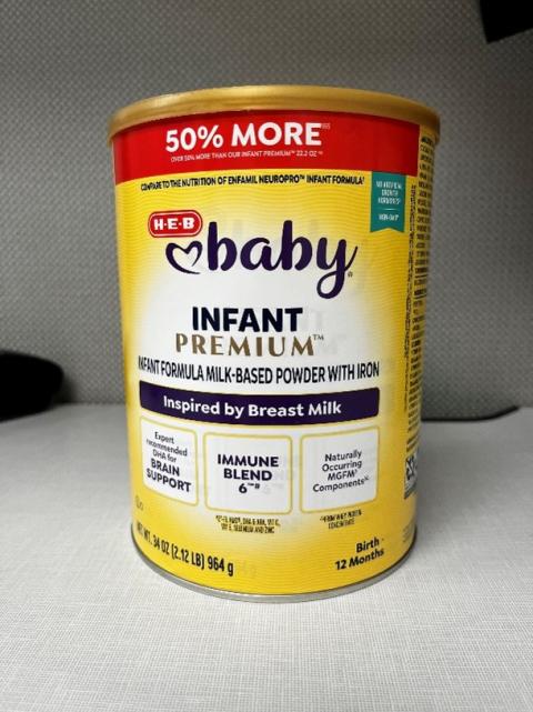 Front of Can, H-E-B Baby Premium Infant Formula with Iron Milk-Based Powder