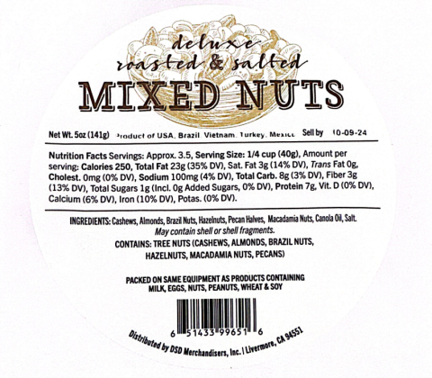 “Label, DSD Merchandiser’s, Inc. Deluxe Roasted & Salted Mixed Nuts”