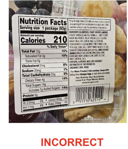 Back of package, Berry Buddies, Berries & Pancakes bento box snack packs incorrect label