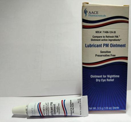 “Photograph of AACE Pharmaceuticals Lubricant PM Eye Ointment carton and tube, 3.5 g”